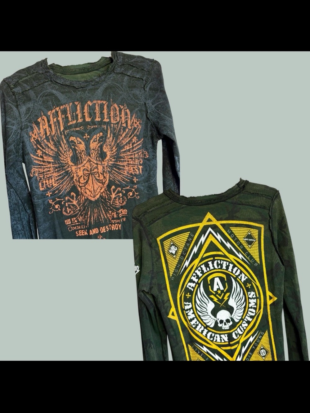 Affliction Reversible Thermal Shirt Men’s L Y2K Distressed Camo Biker LS Grunge